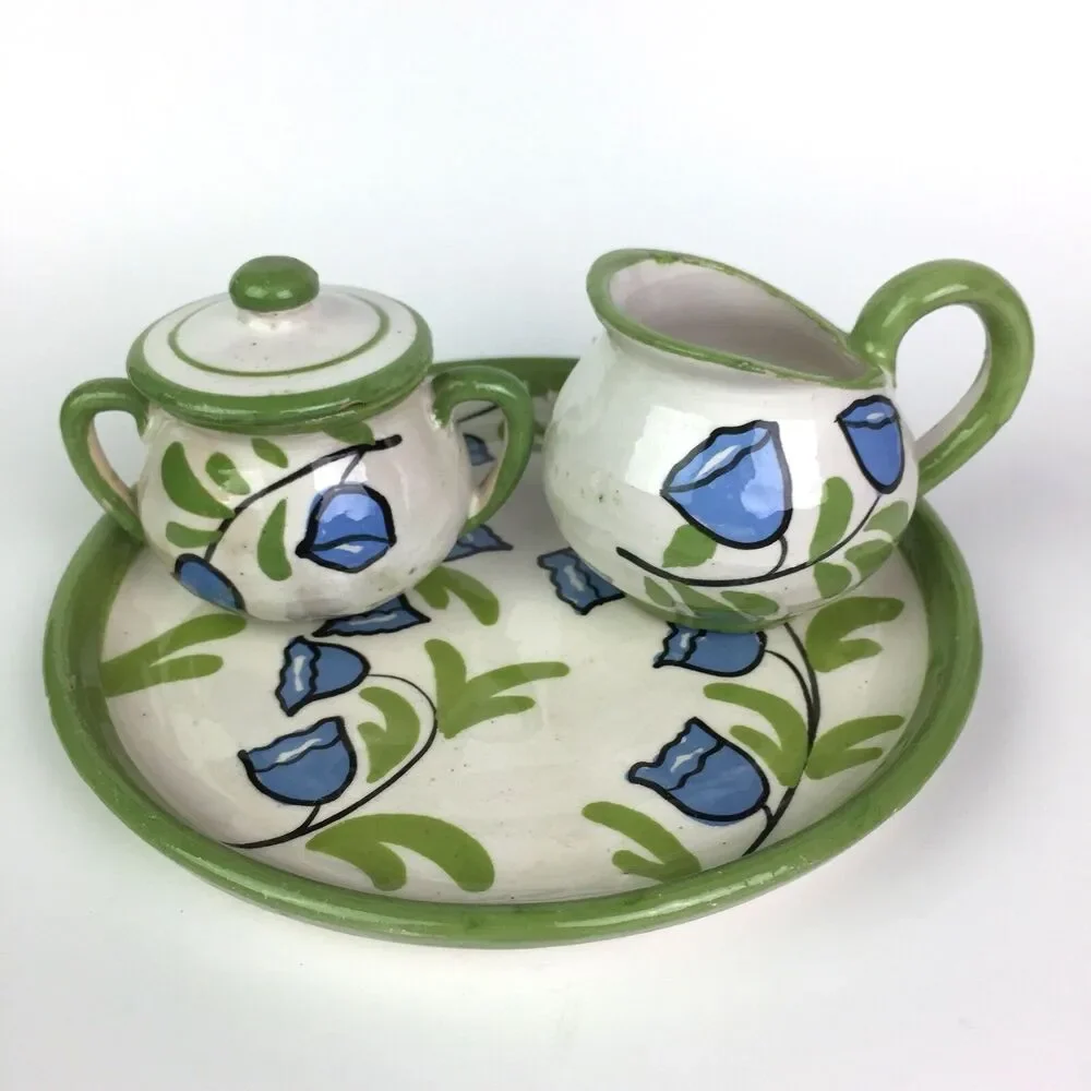 Vtg Italy Handpainted Blue Tulip Flower Stoneware Creamer Sugar Bowl Tray Set